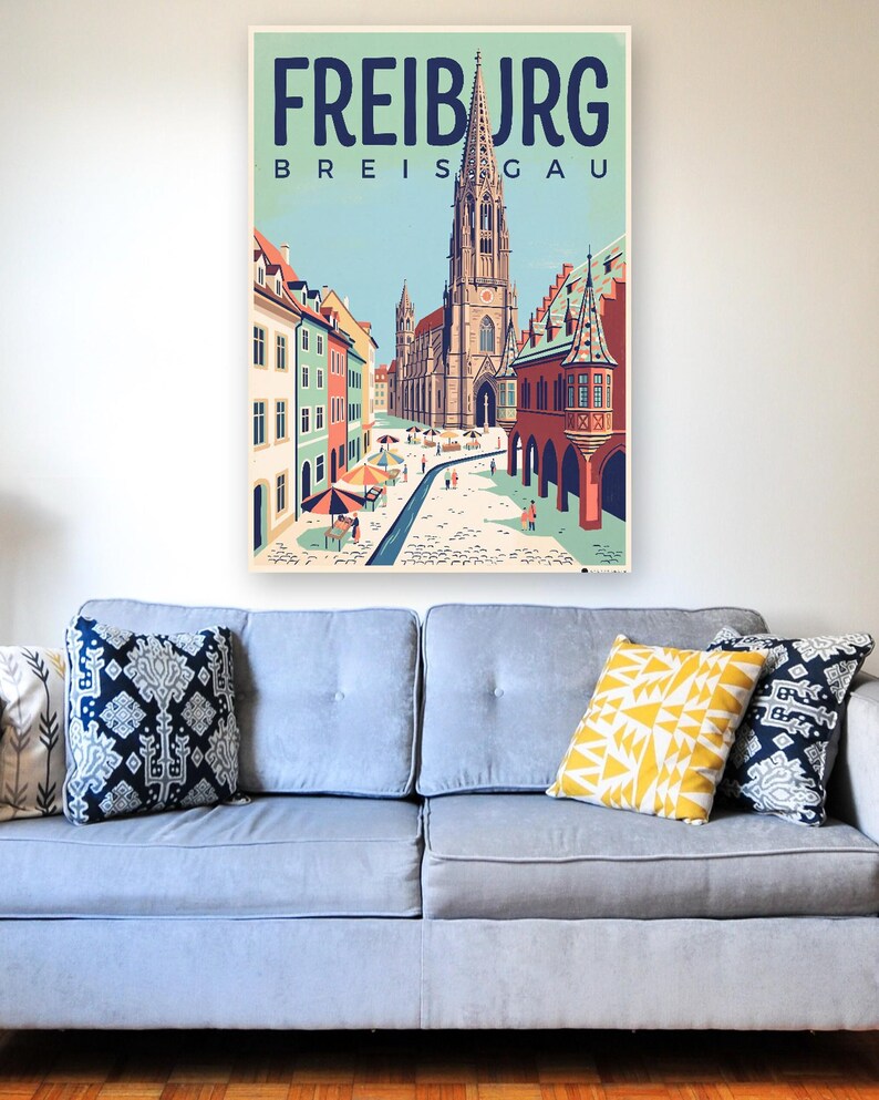 Freiburg Poster · Mid-Century · Breisgau · Retro Reiseplakat Münsterplatz & Schlossberg image 4