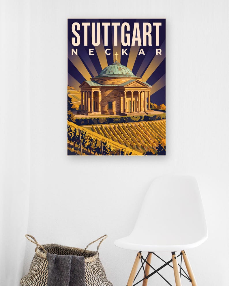 Stuttgart Poster · Art déco · Neckar · Retro Reiseplakat Schlossplatz, Fernsehturm, Grabkapelle & Schillerplatz Bild 12