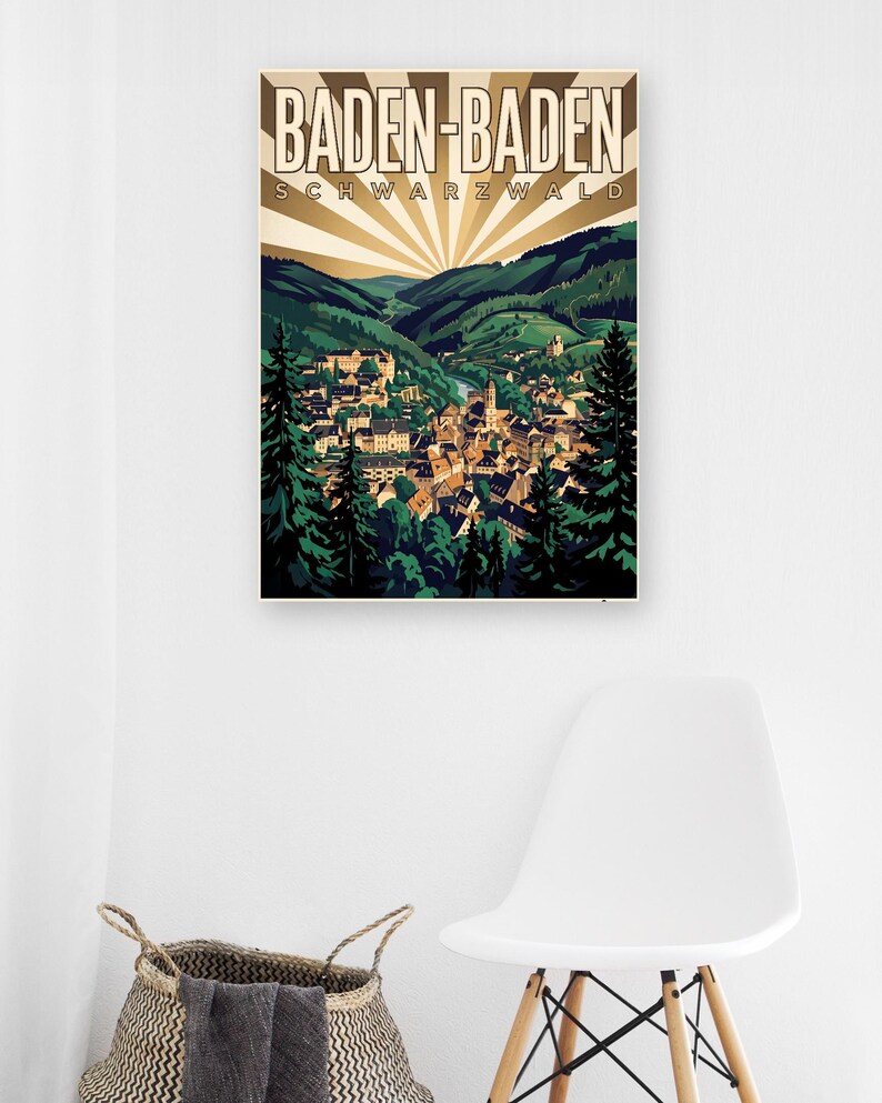 Baden-Baden Poster · Art déco · Schwarzwald · Retro Reiseplakat Trinkhalle & Stadt im Tal 画像 6