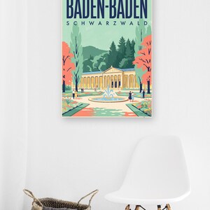 Baden-Baden Poster · Mid-Century · Schwarzwald · Retro Reiseplakat Trinkhalle & Stadt im Tal zdjęcie 5
