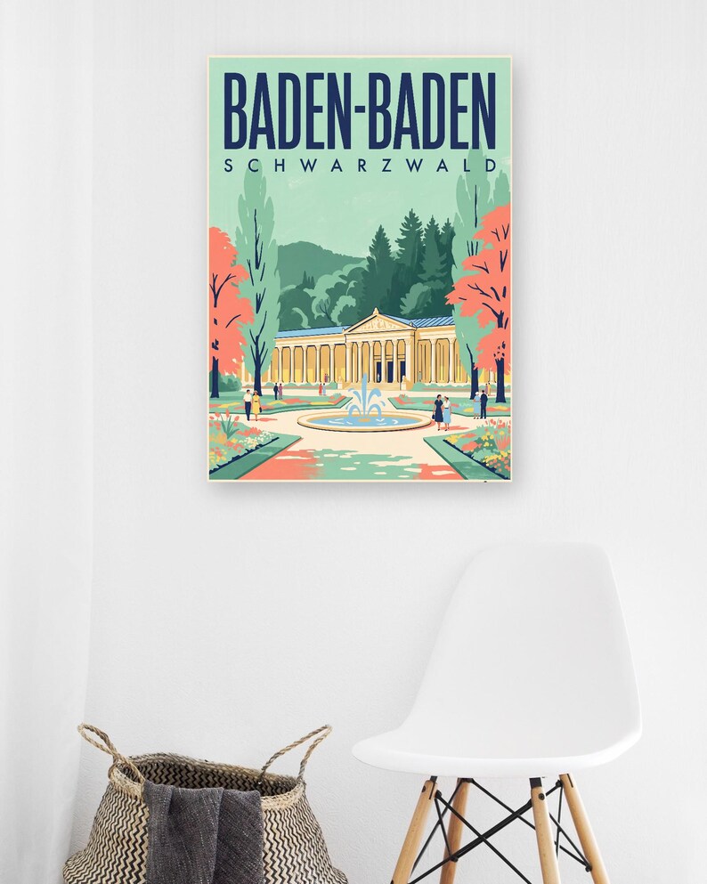 Baden-Baden Poster · Mid-Century · Schwarzwald · Retro Reiseplakat Trinkhalle & Stadt im Tal zdjęcie 5