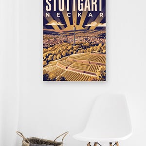 Stuttgart Poster · Art déco · Neckar · Retro Reiseplakat Schlossplatz, Fernsehturm, Grabkapelle & Schillerplatz Bild 11
