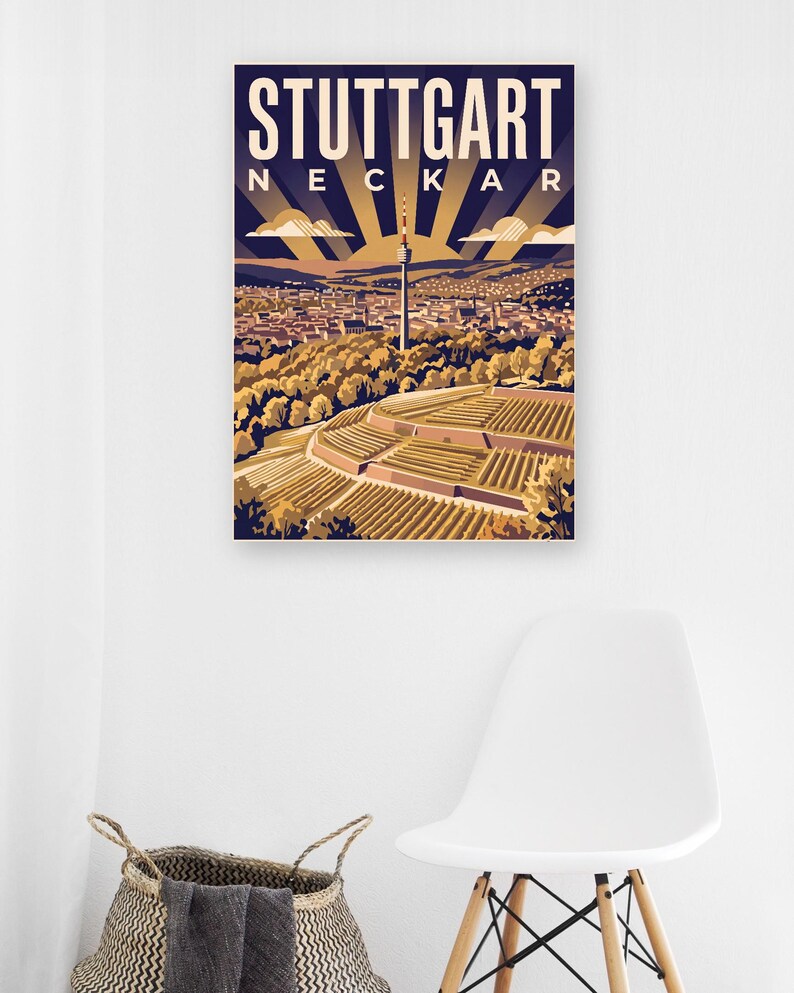 Stuttgart Poster · Art déco · Neckar · Retro Reiseplakat Schlossplatz, Fernsehturm, Grabkapelle & Schillerplatz Bild 11