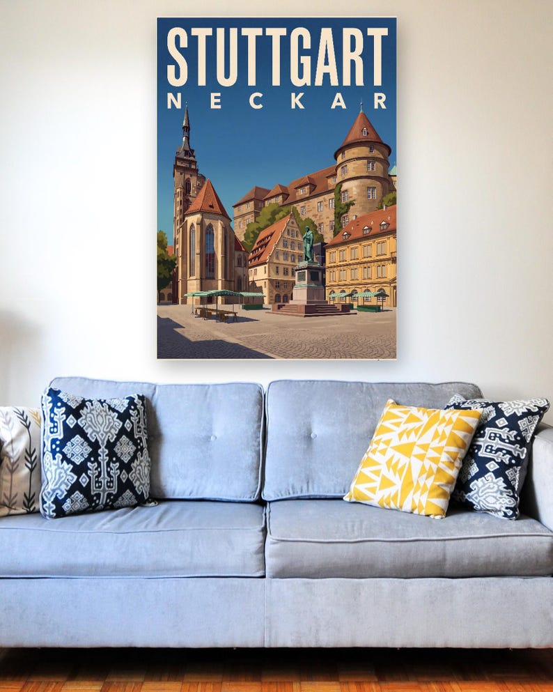 Stuttgart Poster · Malerisch · Neckar · Retro Reiseplakat Schlossplatz, Fernsehturm, Grabkapelle & Schillerplatz image 9