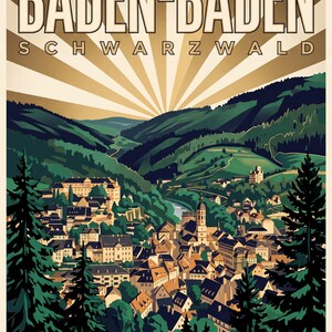 Baden-Baden Poster · Art déco · Schwarzwald · Retro Reiseplakat Trinkhalle & Stadt im Tal Stadt im Tal