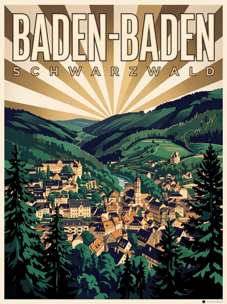 Baden-Baden Poster · Art déco · Schwarzwald · Retro Reiseplakat Trinkhalle & Stadt im Tal Stadt im Tal