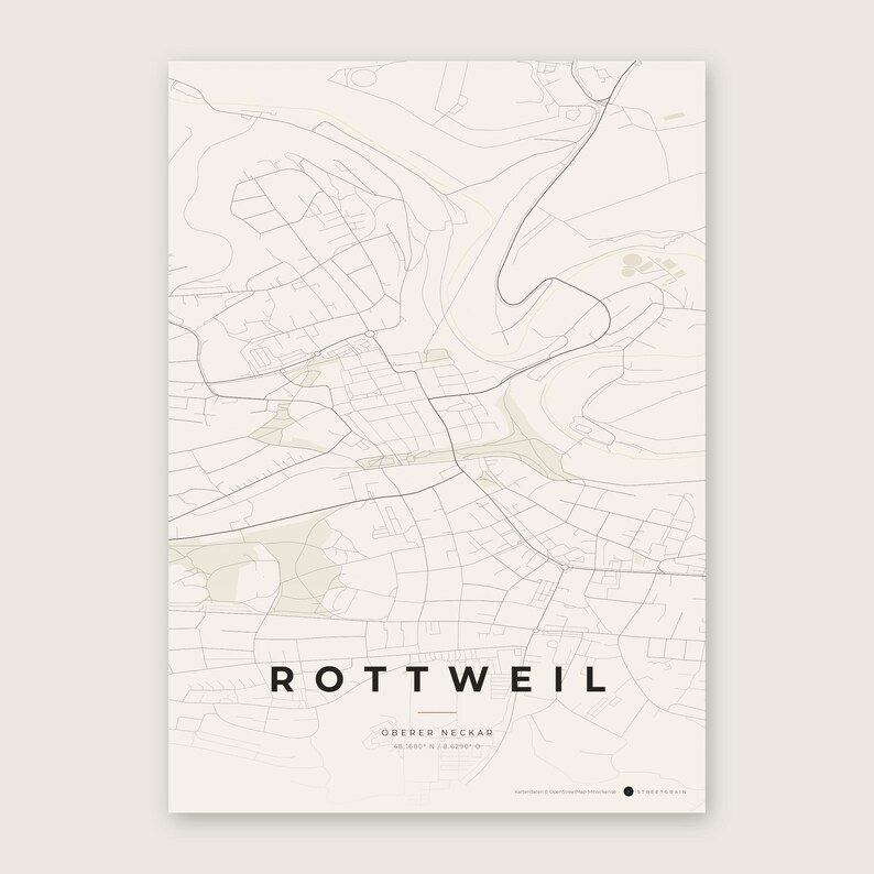 Rottweil Stadtplan Poster · Oberer Neckar · Karte in 8 Farbwelten · Stadtkarte Wandbild Papier & Rost