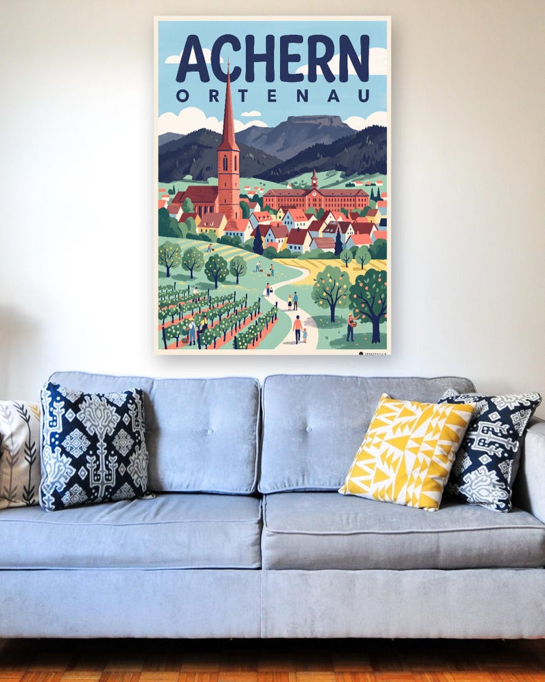 Achern Poster · Mid-Century · Ortenau · Retro Reiseplakat Nikolauskapelle & Illenau Bild 4