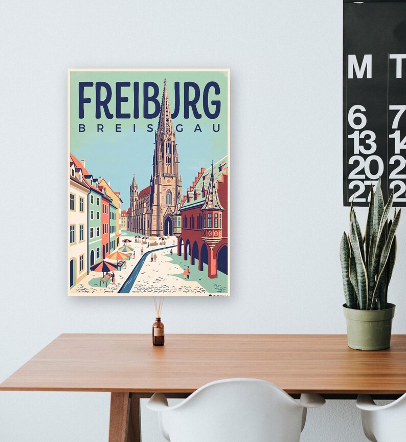 Freiburg Poster · Mid-Century · Breisgau · Retro Reiseplakat Münsterplatz & Schlossberg image 8