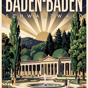Baden-Baden Poster · Art déco · Schwarzwald · Retro Reiseplakat Trinkhalle & Stadt im Tal Trinkhalle