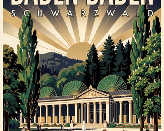 Baden-Baden Poster · Art déco · Schwarzwald · Retro Reiseplakat Trinkhalle & Stadt im Tal