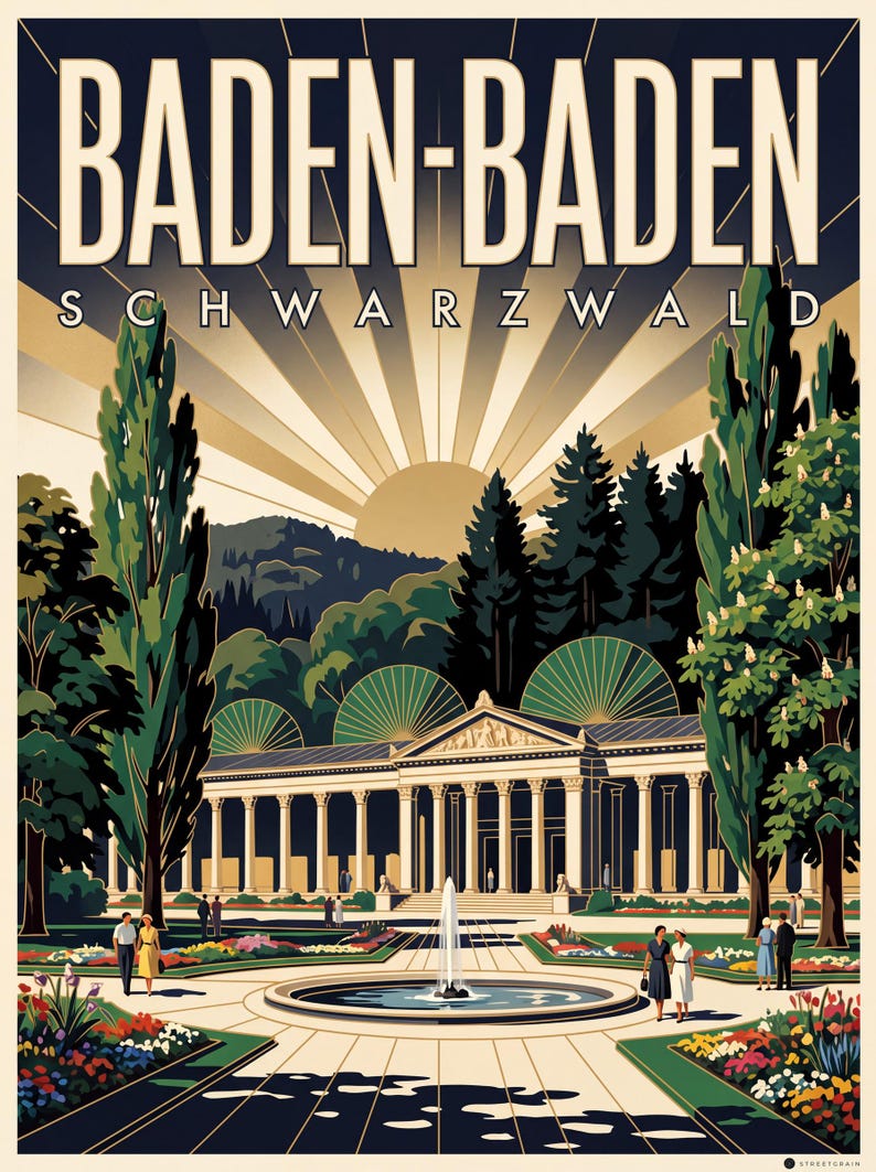Baden-Baden Poster · Art déco · Schwarzwald · Retro Reiseplakat Trinkhalle & Stadt im Tal Trinkhalle