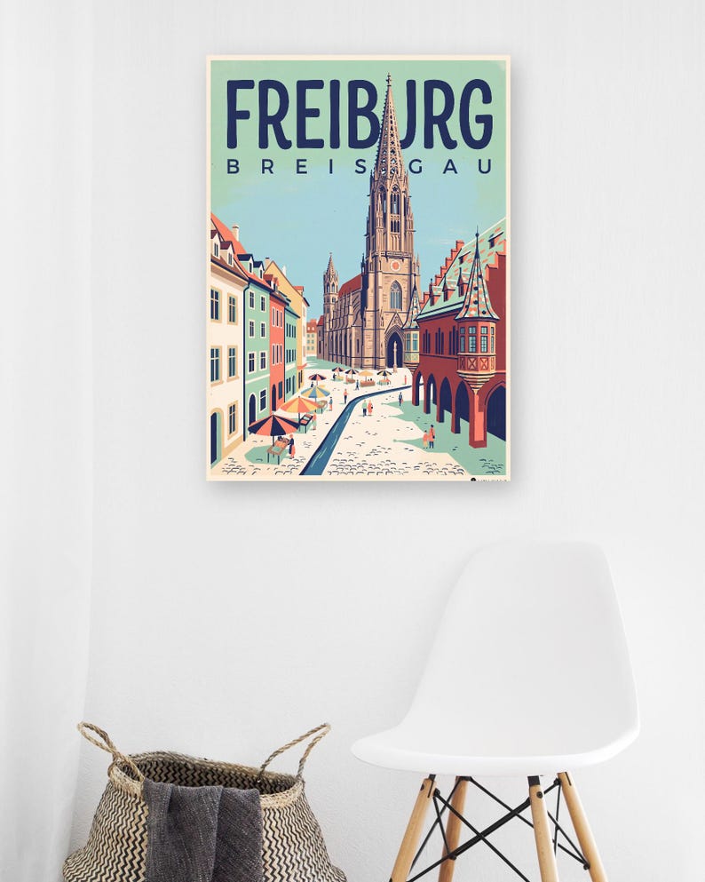 Freiburg Poster · Mid-Century · Breisgau · Retro Reiseplakat Münsterplatz & Schlossberg image 6