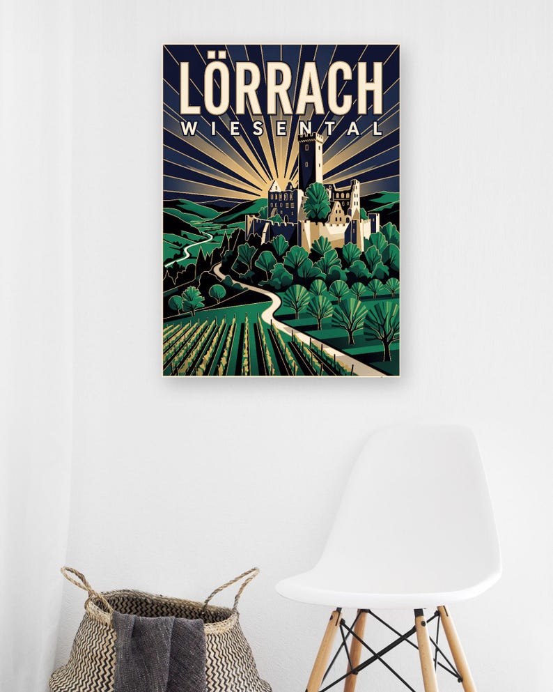Lörrach Poster · Art déco · Wiesental · Retro Reiseplakat Burg Rötteln & Tüllinger Berg zdjęcie 5