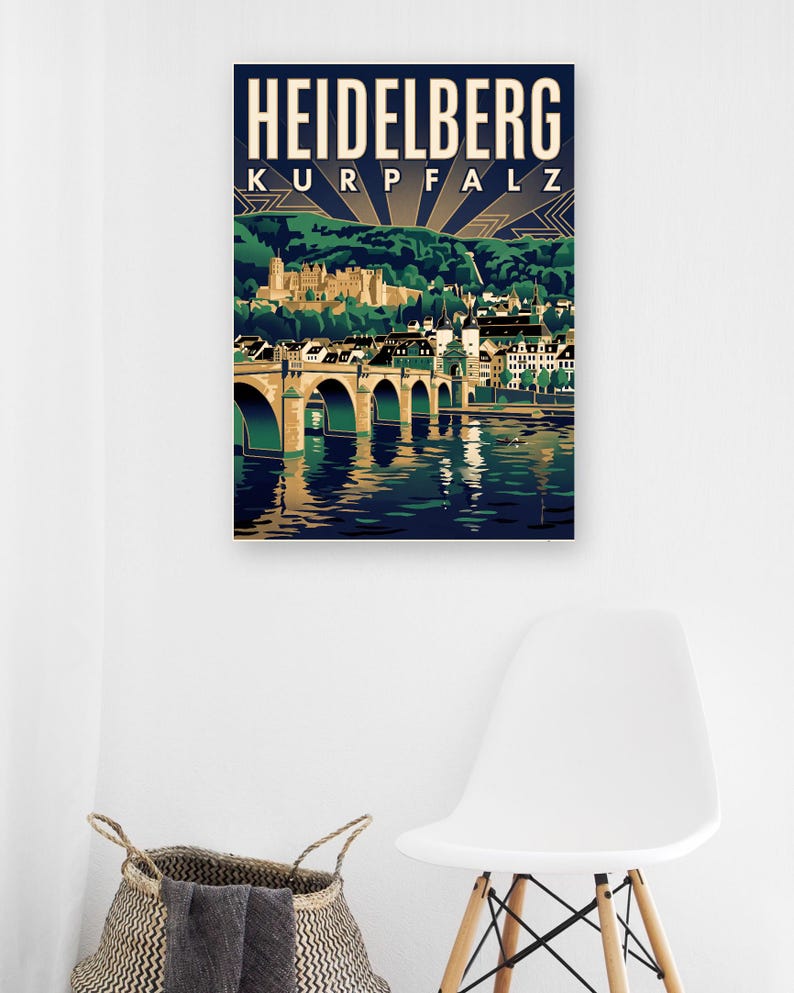 Heidelberg Poster · Art déco · Kurpfalz · Retro Reiseplakat Alte Brücke & Schloss Bild 5