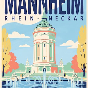 Mannheim Poster · Mid-Century · Rhine-Neckar · Retro Travel Poster Water Tower & Castle Wasserturm