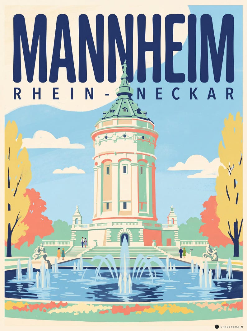 Mannheim Poster · Mid-Century · Rhine-Neckar · Retro Travel Poster Water Tower & Castle Wasserturm