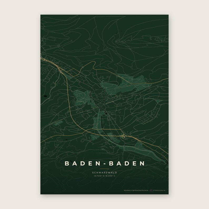 Baden-Baden Stadtplan Poster · Schwarzwald · Karte in 8 Farbwelten · Stadtkarte Wandbild Schwarzwald & Creme