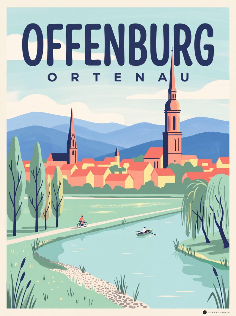 Offenburg Poster · Mid-Century · Ortenau · Retro Reiseplakat Marktplatz & Kinzig Kinzig