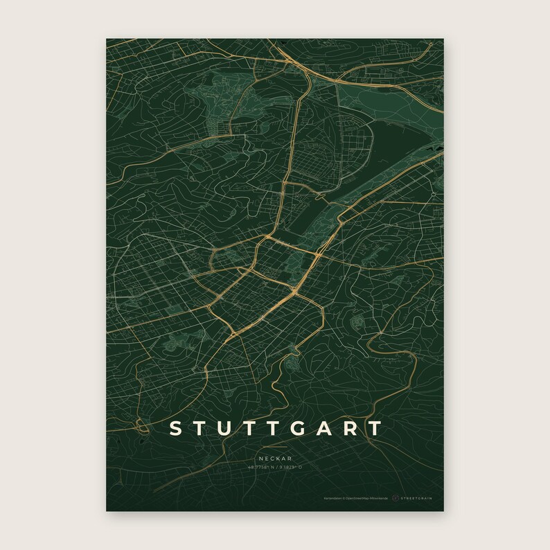 Stuttgart Stadtplan Poster · Neckar · Karte in 8 Farbwelten · Stadtkarte Wandbild Schwarzwald & Creme