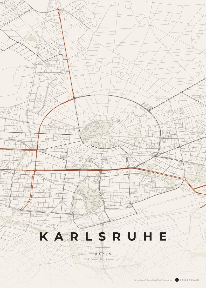 Póster del mapa de la ciudad de Karlsruhe · Baden · Mapa en 8 combinaciones de colores · Arte mural de mapas de ciudades Papier & Rost