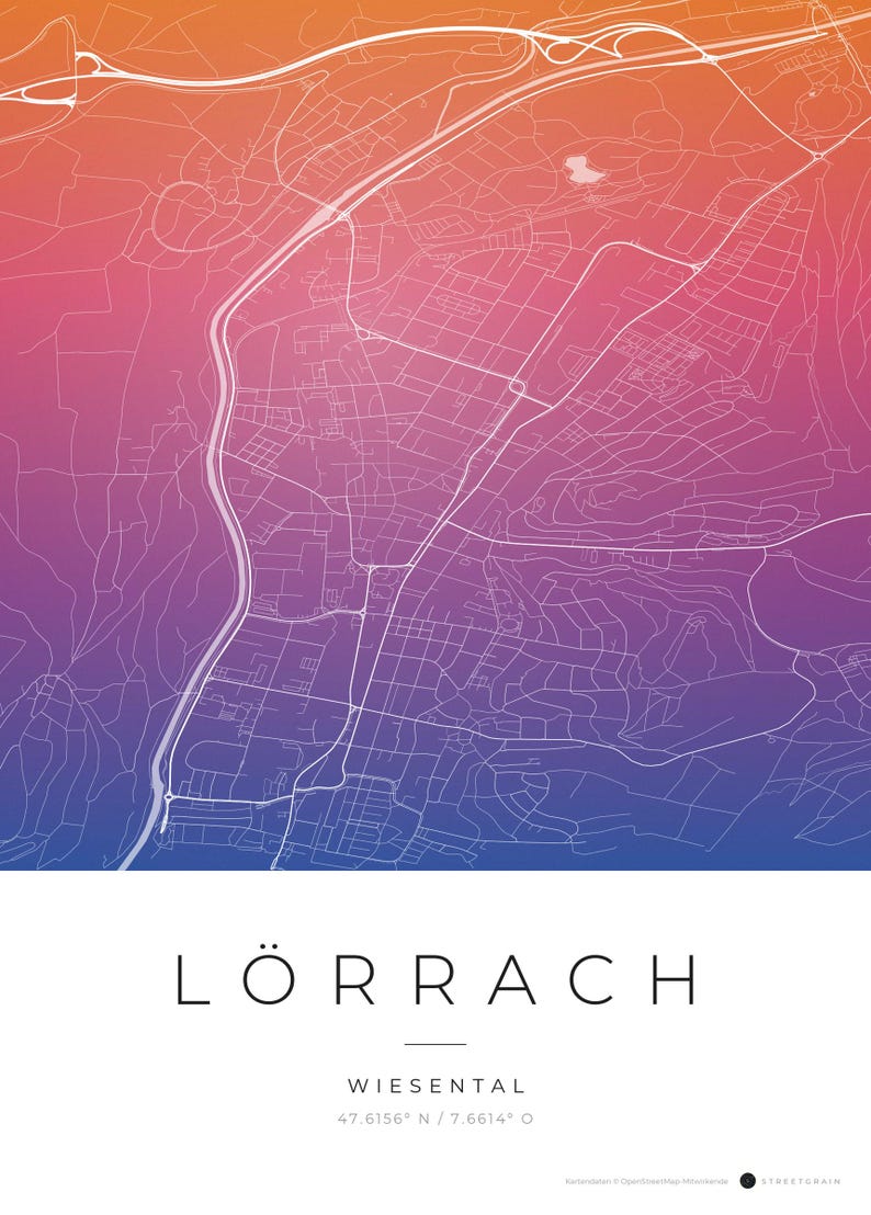 Lörrach City Map Poster · Wiesental · Map in 8 Color Schemes · City Map Wall Mural Aquarell Gradient