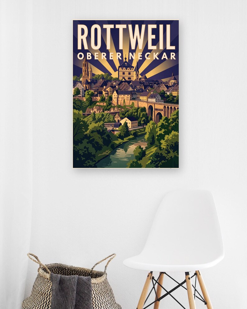 Rottweil Poster · Art déco · Oberer Neckar · Retro Reiseplakat Schwarzes Tor, Neckartal & Kapellenturm imagen 9