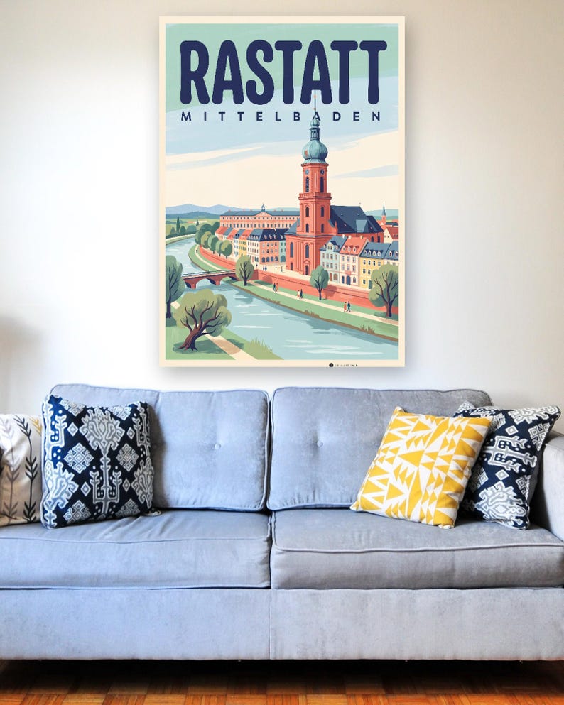 Rastatt Poster · Mid-Century · Mittelbaden · Retro Reiseplakat Schloss & Murg afbeelding 5