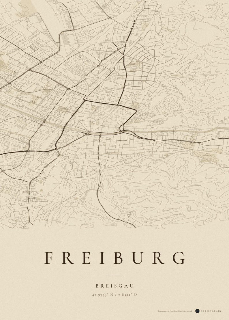 Carte de la ville de Fribourg-en-Brisgau · Carte déclinée en 8 couleurs · Décoration murale carte de ville Vintage Sepia