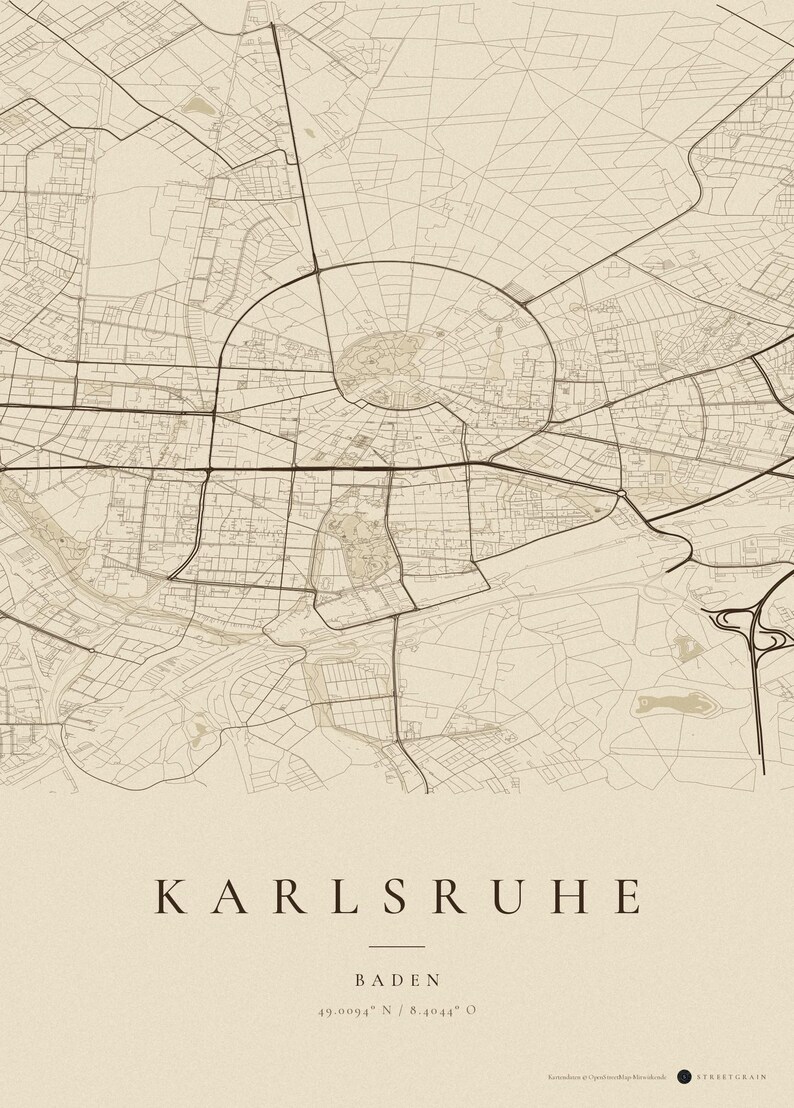 Póster del mapa de la ciudad de Karlsruhe · Baden · Mapa en 8 combinaciones de colores · Arte mural de mapas de ciudades Vintage Sepia