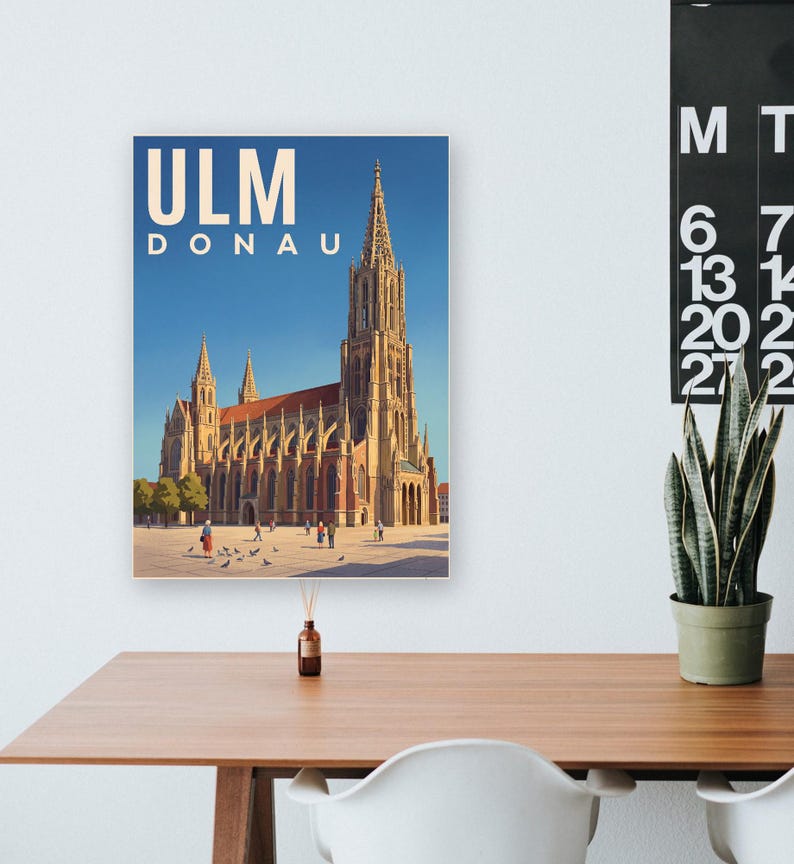 Ulm Poster · Malerisch · Donau · Retro Reiseplakat Münster, Schiefes Haus & Donau Bild 11