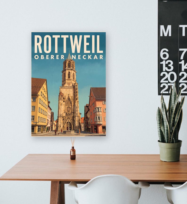 Rottweil Poster · Malerisch · Oberer Neckar · Retro Reiseplakat Schwarzes Tor, Neckartal & Kapellenturm 画像 13