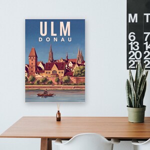 Ulm Poster · Malerisch · Donau · Retro Reiseplakat Münster, Schiefes Haus & Donau Bild 13
