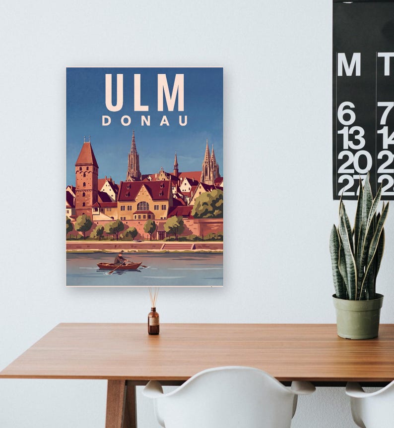 Ulm Poster · Malerisch · Donau · Retro Reiseplakat Münster, Schiefes Haus & Donau Bild 13