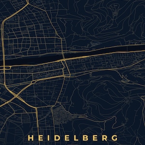 Affiche de la carte de la ville d'Heidelberg · Kurpfalz · Carte déclinée en 8 couleurs · Décoration murale de carte de la ville Nachtblau & Gold