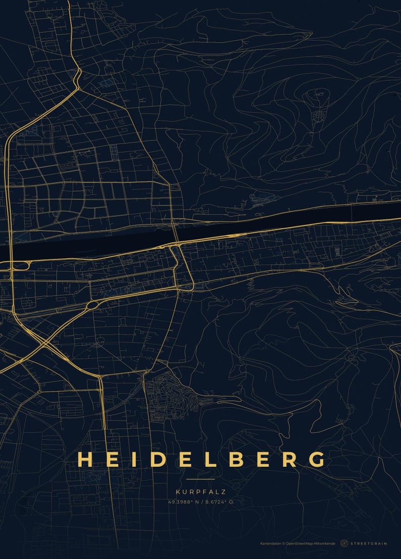 Affiche de la carte de la ville d'Heidelberg · Kurpfalz · Carte déclinée en 8 couleurs · Décoration murale de carte de la ville Nachtblau & Gold