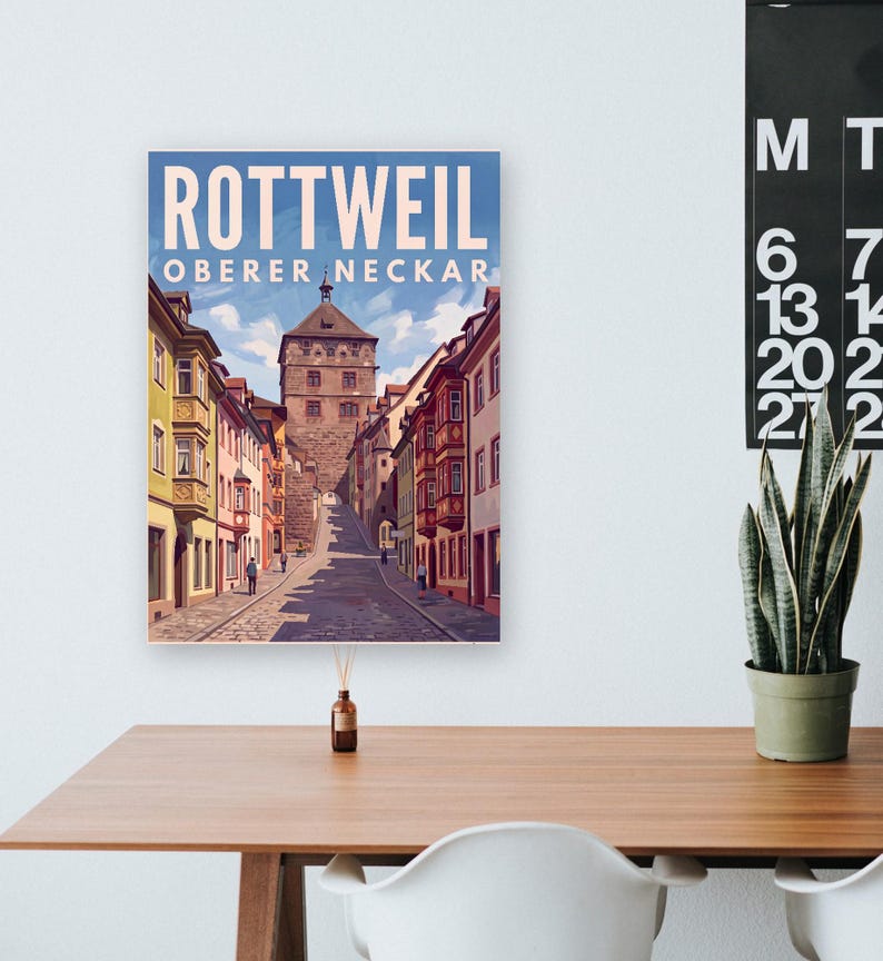 Rottweil Poster · Malerisch · Oberer Neckar · Retro Reiseplakat Schwarzes Tor, Neckartal & Kapellenturm 画像 11