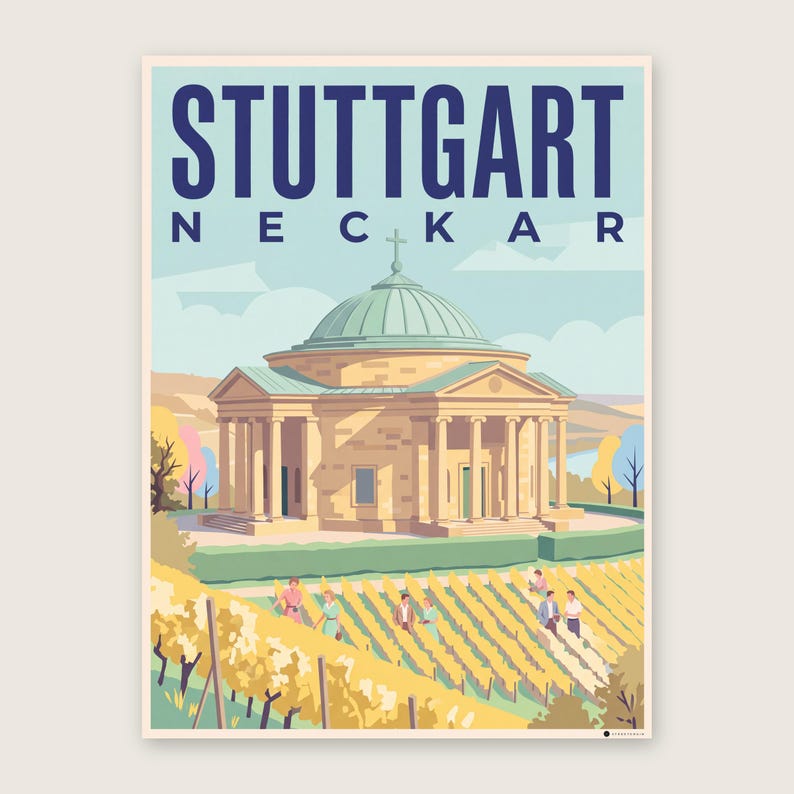 Stuttgart Poster · Mid-Century · Neckar · Retro Reiseplakat Schlossplatz, Fernsehturm, Grabkapelle & Schillerplatz Grabkapelle