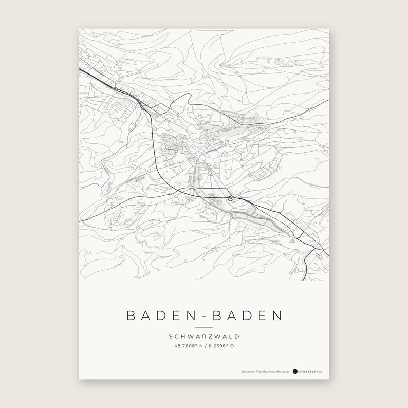Baden-Baden Stadtplan Poster · Schwarzwald · Karte in 8 Farbwelten · Stadtkarte Wandbild Classic Minimal