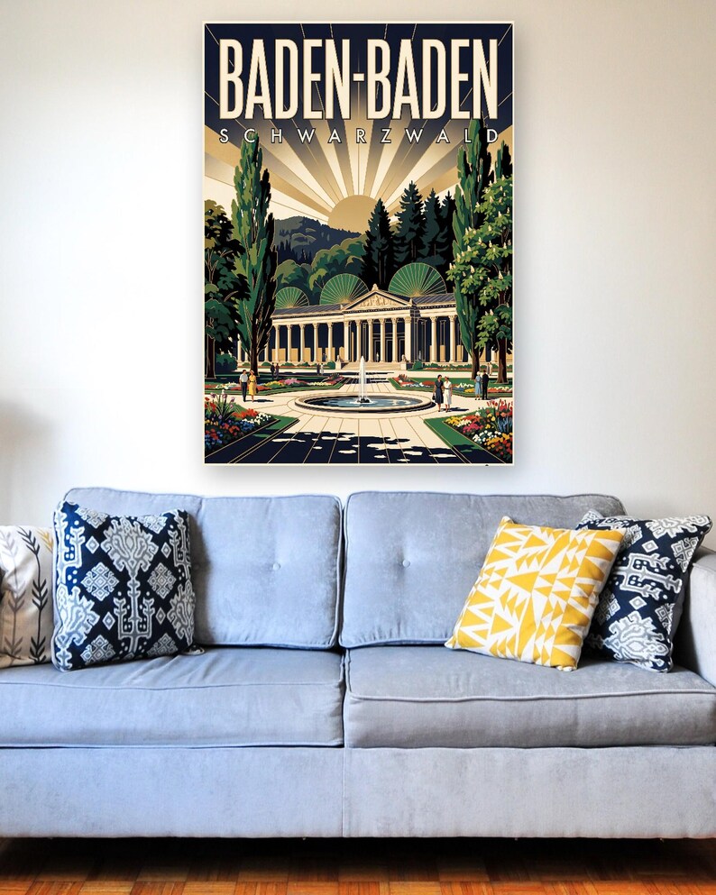 Baden-Baden Poster · Art déco · Schwarzwald · Retro Reiseplakat Trinkhalle & Stadt im Tal 画像 3