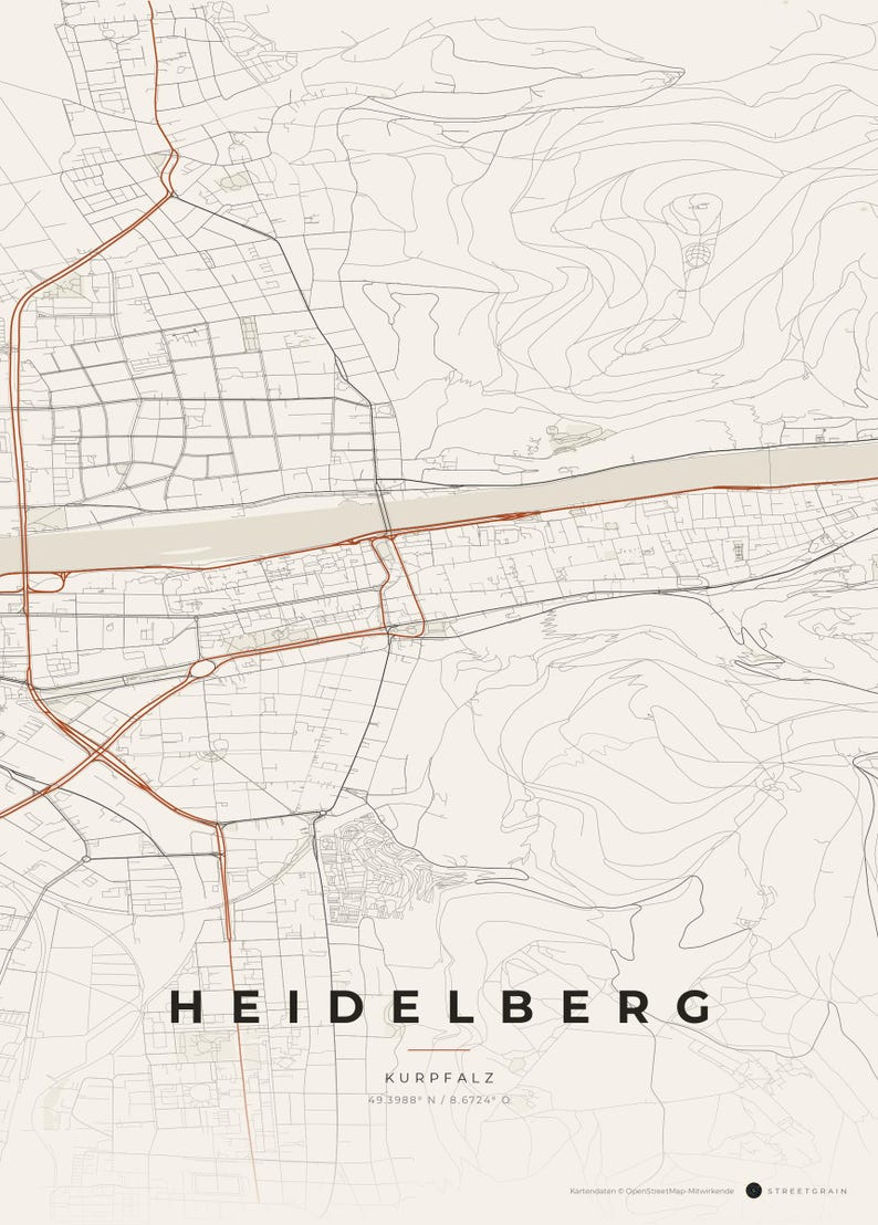 Affiche de la carte de la ville d'Heidelberg · Kurpfalz · Carte déclinée en 8 couleurs · Décoration murale de carte de la ville Papier & Rost