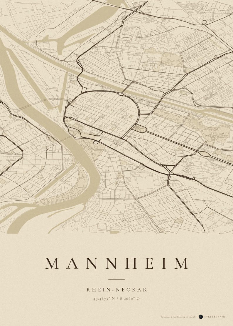 Mannheim Stadtplan Poster · Rhein-Neckar · Karte in 8 Farbwelten · Stadtkarte Wandbild Vintage Sepia