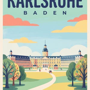 Karlsruhe Poster · Mid-Century · Baden · Retro Travel Poster Market Square & Castle Schloss