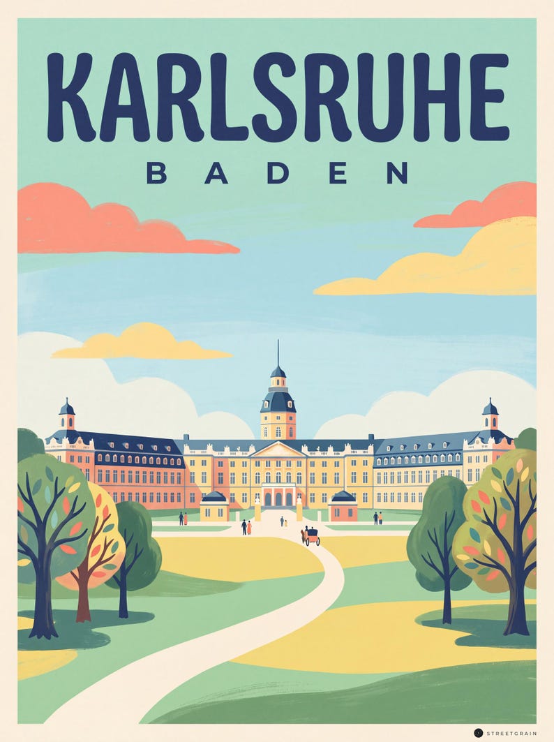 Karlsruhe Poster · Mid-Century · Baden · Retro Travel Poster Market Square & Castle Schloss