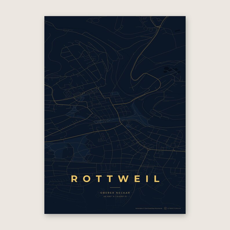 Rottweil Stadtplan Poster · Oberer Neckar · Karte in 8 Farbwelten · Stadtkarte Wandbild Nachtblau & Gold