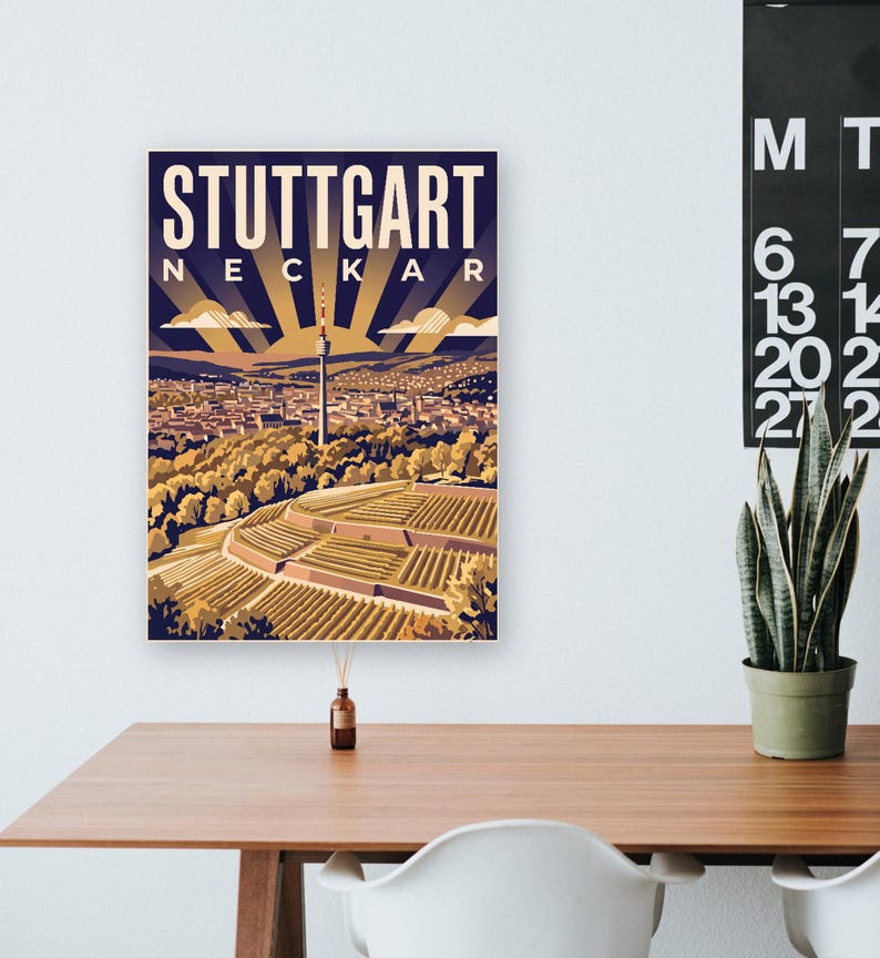Stuttgart Poster · Art déco · Neckar · Retro Reiseplakat Schlossplatz, Fernsehturm, Grabkapelle & Schillerplatz Bild 15