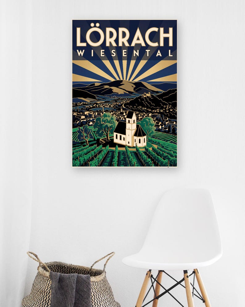 Lörrach Poster · Art déco · Wiesental · Retro Reiseplakat Burg Rötteln & Tüllinger Berg zdjęcie 6