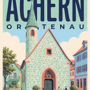 Achern Poster · Mid-Century · Ortenau · Retro Reiseplakat Nikolauskapelle & Illenau Nikolauskapelle