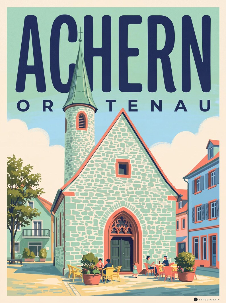 Achern Poster · Mid-Century · Ortenau · Retro Reiseplakat Nikolauskapelle & Illenau Nikolauskapelle