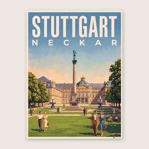 Stuttgart Poster · Malerisch · Neckar · Retro Reiseplakat Schlossplatz, Fernsehturm, Grabkapelle & Schillerplatz Schlossplatz